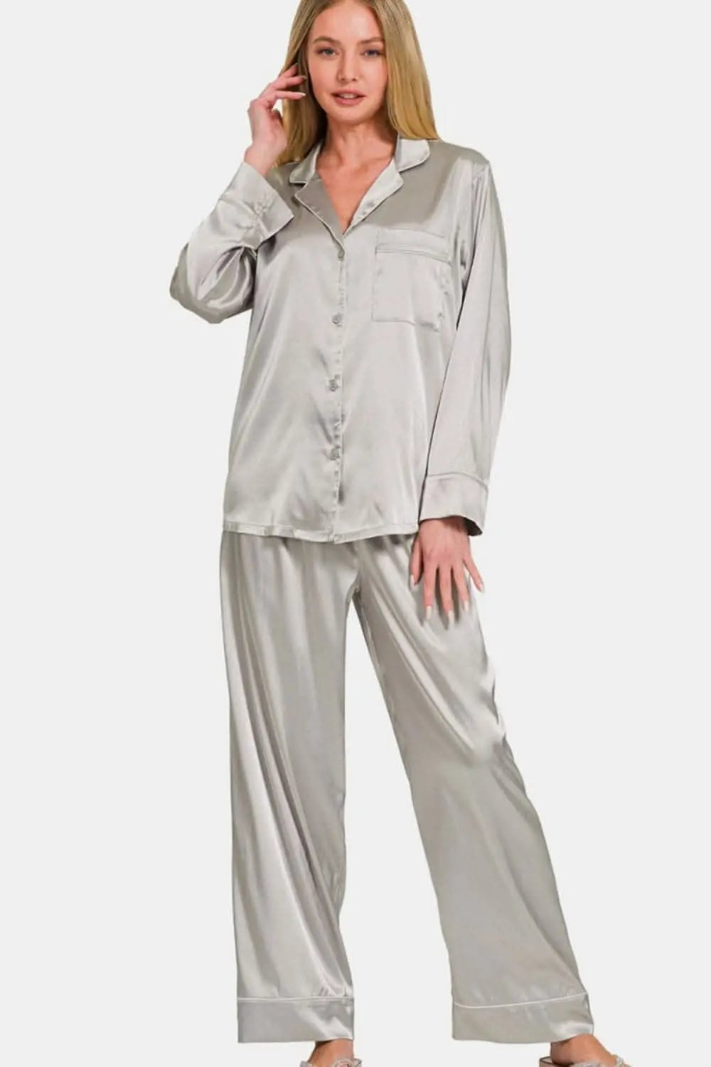 Zenana satin pajama set - long sleeves, luxe comfort - Love Salve